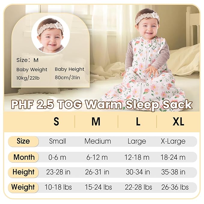 PHF 100% Cotton Baby Sleep Sack 6-12 Months, 2.5 TOG Winter Baby Wearable Blanket with 2-Way Zipper, Warm Comfy Quilted Sleeping Bags, Infant Sleeping Sack for Newborn Girls, Medium Size, Floral