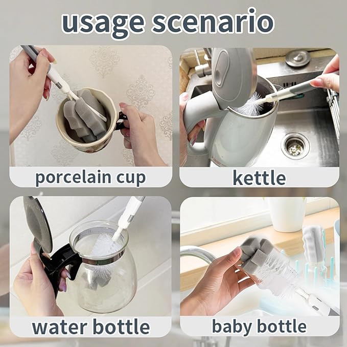Bottle Cleaning Brush Set, Long Handle Silicone Brush, Detachable Cotton & Nylon Cup Scrubber, Straw Brushes for Baby Bottle, Sippy Cup, Glass Bottle, Tumbler, Tube, Nipple & More