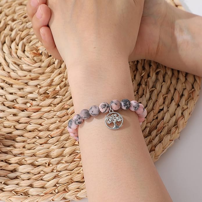 QWNHONEY Mothers Day Gift for Grandma Mom Mother in Law Sister in Law Bonus mom Granny Nana Valentine's Day Birthday Anniversary Pink Red Natural Stone Tree of Life Bracelet