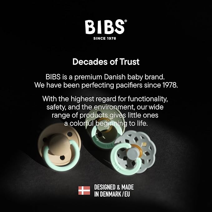 BIBS Pacifiers Colour Collection | Natural Rubber Baby Pacifier | Set of 2 BPA-Free Soothers | Made in Denmark | 6+ Months (Pack of 2) | Vanilla Night/Dark Oak Night