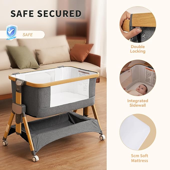 Cozy2 Baby Bedside Bassinet Sleeper Portable Travel Bassinet with Bigger Wheels 3 in 1 Bassinet Crib with Mattress, Storage Basket 5 Height Adjustable Bedside Crib for Baby - Wood Grain