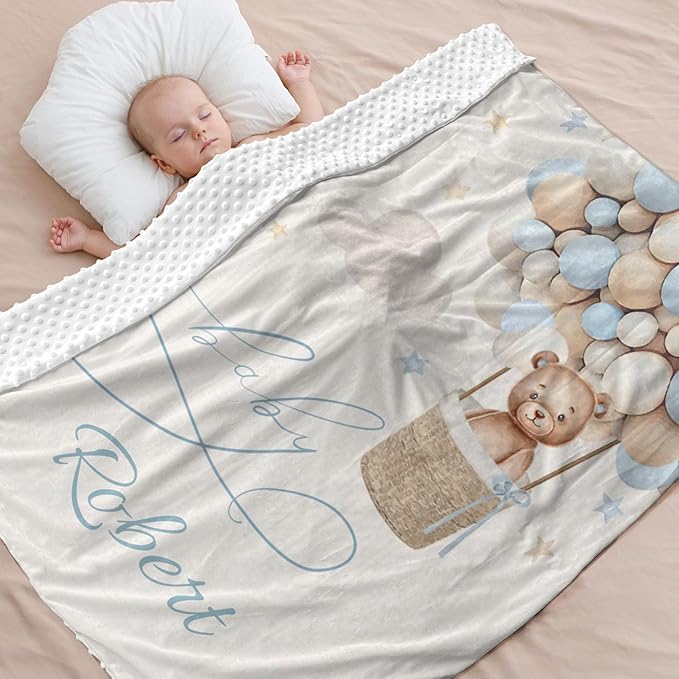 Personalized Baby Blanket for Boys Girls Bear Custom Baby Blankets with Name Dotted Backing Customized Gifts for New Mom Customize Baby Blanket for Kids Newborn Birthday