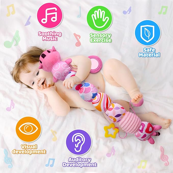 Baby Toys 0 to 12 Months, Stuffed Animal Infant Tummy Time Toys Sensory Toys with Crinkle Rattles Textures and Mirror Gifts for Newborn Boys Girls, Cat Caterpillar Musical Toys (Pink)