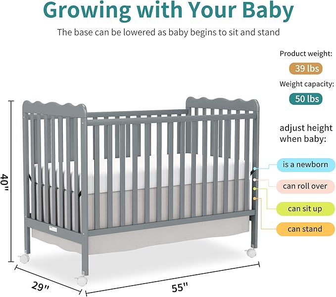 4 in 1 Convertible Baby Crib, Wooden Nursery Cribs Converts into Toddler Bed and Daybed, 3 Adjustable Base, Non-Toxic Finishes, Removable Wheels (Steel Grey)