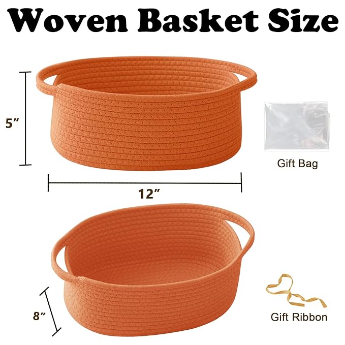 Gift Basket with Gift Bag and Ribbons,Small Rope Woven Shelf Storage,Baskets for Gifts Empty,Birthday,Shower,Decorative Organizer Box for Cat Dog Pet with Handles(Orange)