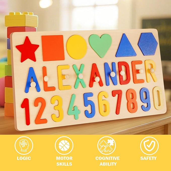 Wooden Name Puzzle for Kids Personalized, Easter Gifts for Toddlers, Baby Easter Basket Stuffers, 1st Birthday Gifts, Early Learning Toys for Baby Boy or Girl, Educational Toys Wooden Toddler Puzzles