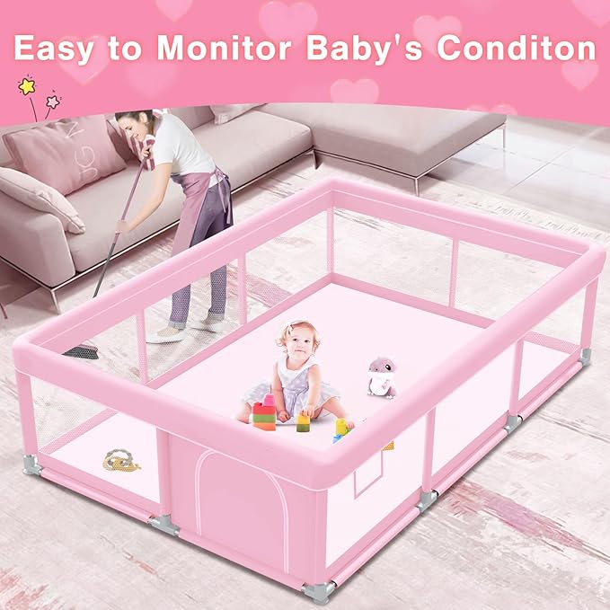 Pink Baby Playpen 74x50 Inches Playpen for Little Princess Play Yards Indoor & Outdoor Sturdy Safety Baby Girls Play Pen with Soft Breathable Mesh Toddlers Activity Center with Anti-Slip Base