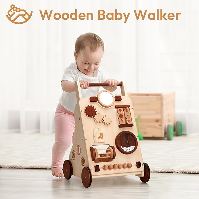 Wooden Baby Walker, Montessori Push Walker, Baby Activity Center Walker Toy, Natural Wood Sit to Stand Walker for Baby Learning to Walk, Educational Birthday for Toddler Boy Girl 1+