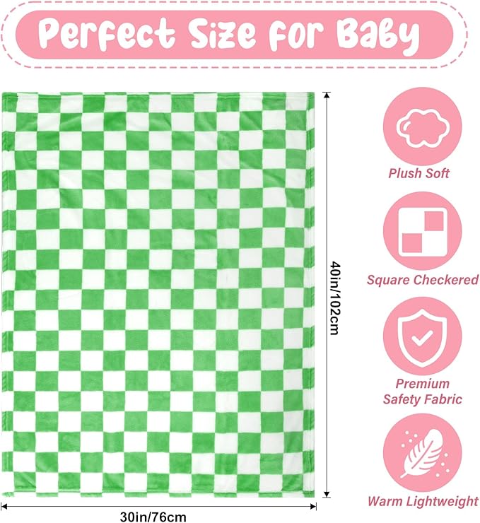 Plush Checkered Baby Blanket for Boys Girls Nursery, 30"*40" Warm Short Fleece Blanket Neutral for Infant Newborn, Small Fuzzy for Sleeping, Chenille or Stroller (Green&White)