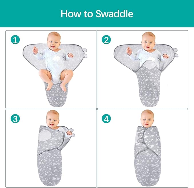 Biloban Baby Swaddles 0-3 Months for Boy Girls, Newborn, Organic Cotton Adjustable Blanket, Lovely Grey Print, 2 Pack