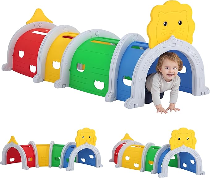 Qaba Lion Tunnel, Toddler Tunnel for Kids Crawl and Climb Through, Kids' Play Structure Indoor Outdoor, 4 Sections, Multicolored