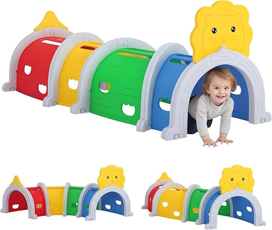 Qaba Lion Tunnel, Toddler Tunnel for Kids Crawl and Climb Through, Kids' Play Structure Indoor Outdoor, 4 Sections, Multicolored