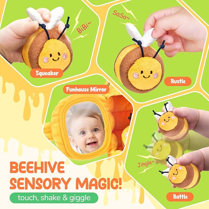 JoyCat Baby Toy for 6-12 Months, Fun Beehive with 5 Stuffed Sensory Bees, Crinkle, Rattle, Mirror, Montessori Toys for 6-9 Months Old Babies, Infant Toys Baby Shower Birthday Gift