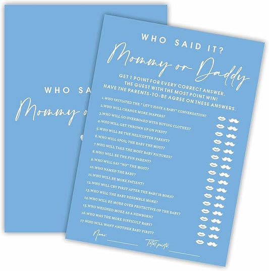 Guess Who Said It? Mommy Or Daddy Baby Shower Game Cards - Minimalism Blue - 30 Double-Sided Fill in Style Game Cards for Gender Reveal, Baby Announcement, Party Games & Activity - C04