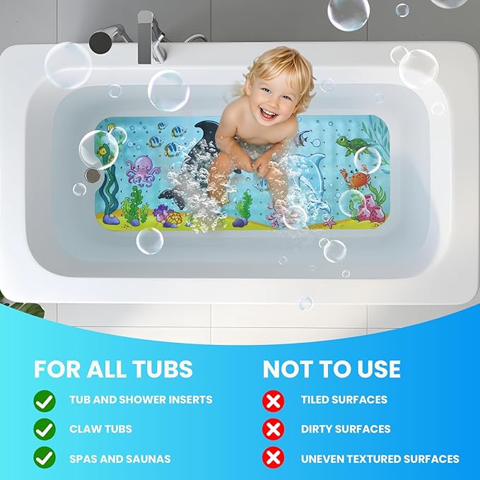 Linoows Baby Bath Tub Mat, 40 x 16 Inch Extra Large Non Slip Kids Cartoon Bathtub Shower Mats with Suction Cups & Drain Holes, Machine Washable for Bathroom, Undersea Whale & Dolphin