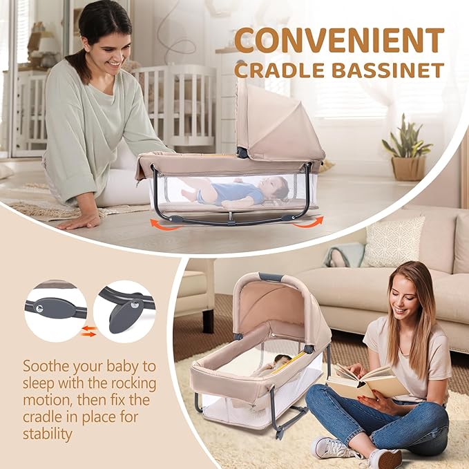 JOYMOR Twin Bassinet for Baby, Beige Bedside Bassinet, Convertible to Bedside Sleeper and Playpen, with Wheel, Brake, Foldable Side Sleeper,Beige