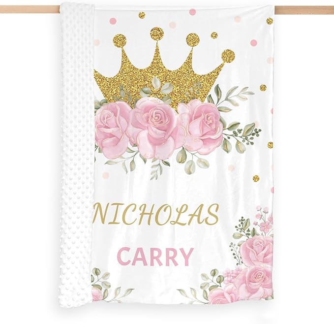 Personalized Baby Blanket for Girls Floral Crown Custom Baby Blankets with Name Dotted Backing Customized Gifts for New Mom Customize Baby Blanket for Kids Newborn Birthday