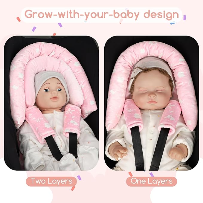 Infant Car Seat Insert & Strap Cover for Baby Girls, 2 in 1 Carseat Head Support Newborn, Ultra Soft Car Seat Cushion for Babies, Plush Fabric, Fit for Swing, Car Seat, Stroller, Bouncer, Pink