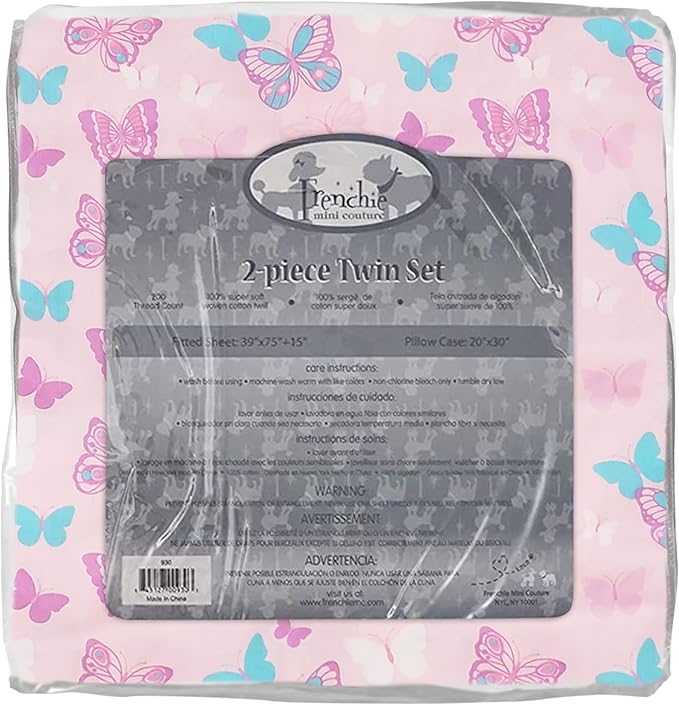 2-Piece Kids Twin Sheets Set, 100% Woven Cotton, Deep Pocket Bed Sheet 39 x 75 x 15in + Pillowcase 20 x 30, Butterfly (Pink)