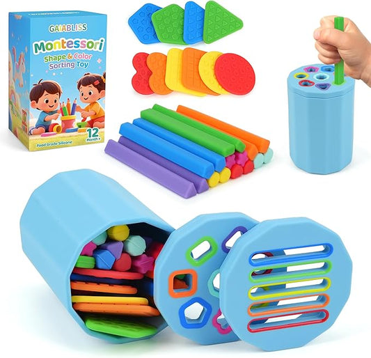 Shape & Color Sorting Montessori Baby Toddler Toys for 1 2 3 Years Boys Girls, Silicone Montessori Toys for 1 Year Old, Fine Motor Skills Sensory Toddlers Toy 1 Year Old Girl and Boy Gift, 2 in 1