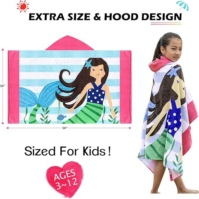 BANGSAUR Kids Towels with Hood, Oversize Bath Pool Swiming Towel Wrap Toddlers Girls Baby 3-12 Years Cotton Changing Robe Star Mermaid