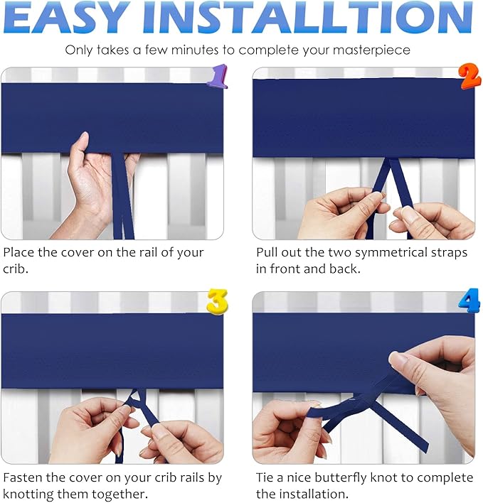 4 in 1 Crib Rail Covers for Teething,Soft Breathable Anti-Collision Crib Teething Rail Cover Edge Protector Strip（2025 New） (Blue-4pc)