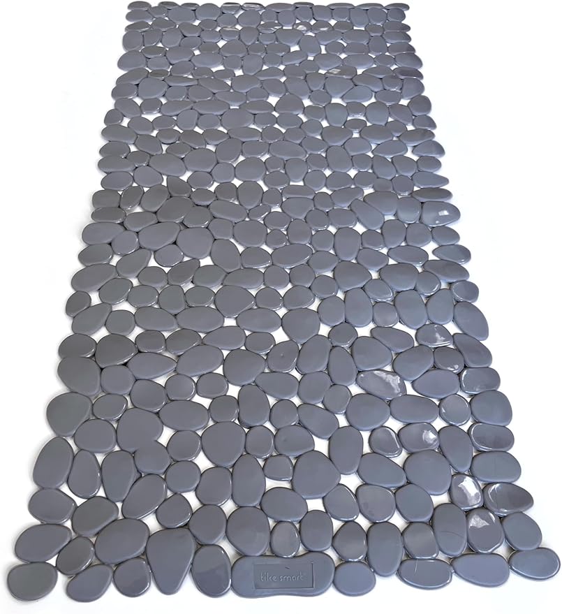 “Pebbles” Non-Slip Bathtub/Shower Mat 27.5”x14” Rectangular, Non-Toxic, Safe, Clean, Machine-Washable, Superior Grip & Drainage, Vinyl, for Smooth Floors ONLY, Opaque Gray