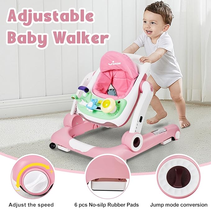 5 in 1 Baby Walker, Activity Baby Walker-Baby Bouncer, Rocker, Activity Center,Seat and Push Walker,Detachable Trampoline Mat, Adjustable Speed Rear Wheels and Height,Ages 6-18 Months (Pink)