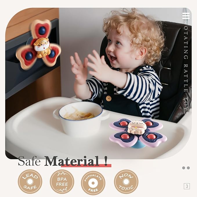ALASOU 3PCS Suction Cup Spinner Toys for 1 Year Old Boy Girl|Spinning Top Baby Toys 12 18 Months|1 2 Year Old Boy Birthday Gift|Baby Bath Toy for Kids Ages 1-3|Sensory Toy for Toddlers 1-3
