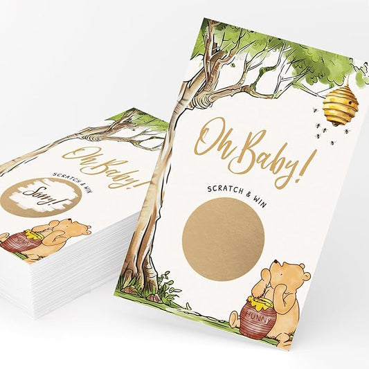 Printed Party Winnie Baby Shower Games – Scratch Off Game with Classic Pooh Theme, Gender Neutral for Boy or Girl, 30 Cards & Stickers