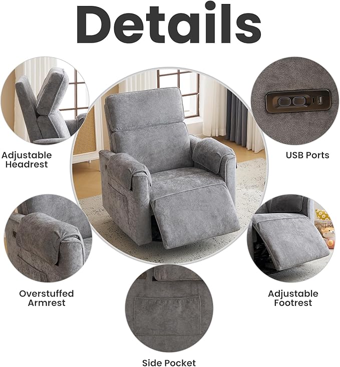 Oversized Power Recliner Chair Swivel Glider with Adjustable Headrest, Swivel Rocking Recliner Chair for Adults, 26" Extra Wide Glider Nursery Chair with Overstuffed Armrest, USB Ports, Grey