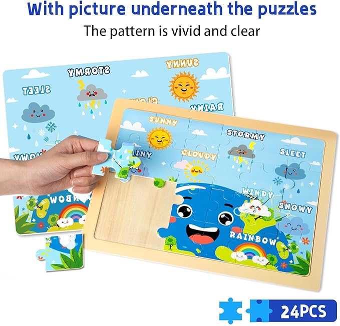 Wooden Puzzles for Kids, 6 Packs 24Pcs Wooden Number Shape Seasons Toddler Jigsaw Puzzles, Preschool Educational Learning Toys Gifts for Boys and Girls 2 3 4 5 6 Year Old