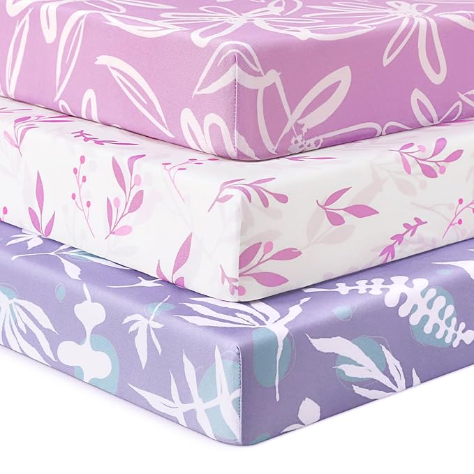 Baby Crib Sheets for Boys Girls, Fitted Crib Sheet Neutral 3 Pack for Standard Crib and Toddler Mattress, Breathable Soft Microfiber Baby Sheet 28x52x8in Purple Leaf