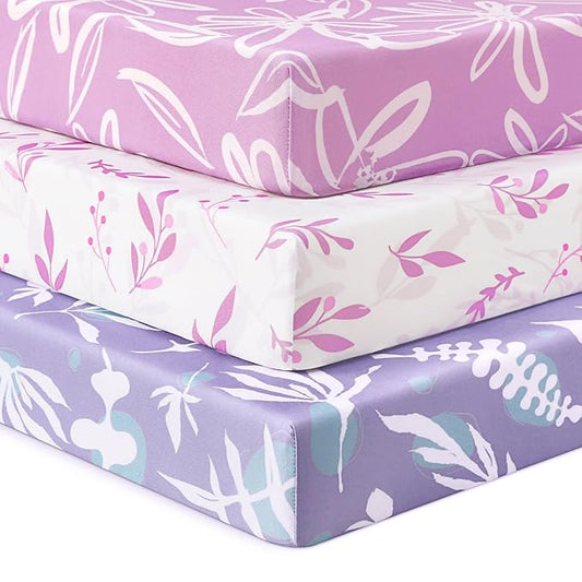Baby Crib Sheets for Boys Girls, Fitted Crib Sheet Neutral 3 Pack for Standard Crib and Toddler Mattress, Breathable Soft Microfiber Baby Sheet 28x52x8in Purple Leaf