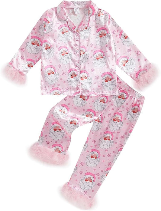 Toddler Kids Baby Girl Solid Pjs Ruffle Long Sleeve Button Shirt Top and Pants Cotton 2Piece Pajamas Set