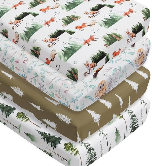 4 Pack Woodland Forest Animals Wood Neutral Unisex Fitted Baby Crib Sheets Set for Baby Boys or Girls (Paint Fox, 52 * 28)