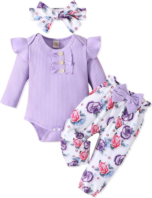 Baby Girl Clothes Newborn Infant Outfits Ruffle Romper+ Floral Pants + Cute Headband Sets for Girls