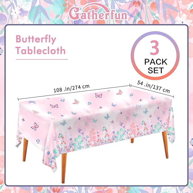 Butterfly Disposable Tablecloth, Plastic Table Cover for Kid’s Birthday Party, 3 PCS, 54”x 108”