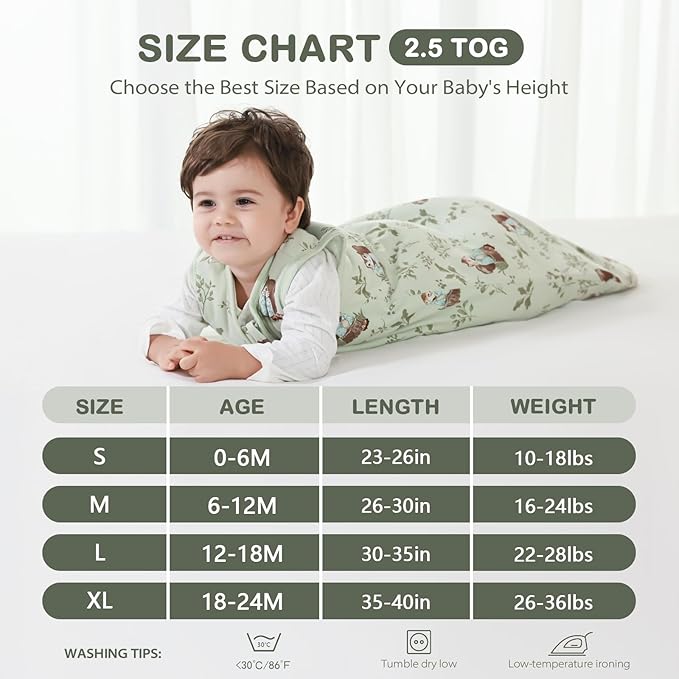 Mosebears Sleep Sack Baby Winter Wearable Blanket with 2-Way Zipper,2.5 TOG Cotton Sleep Sack Unisex(Green Animal,6-12 Months)