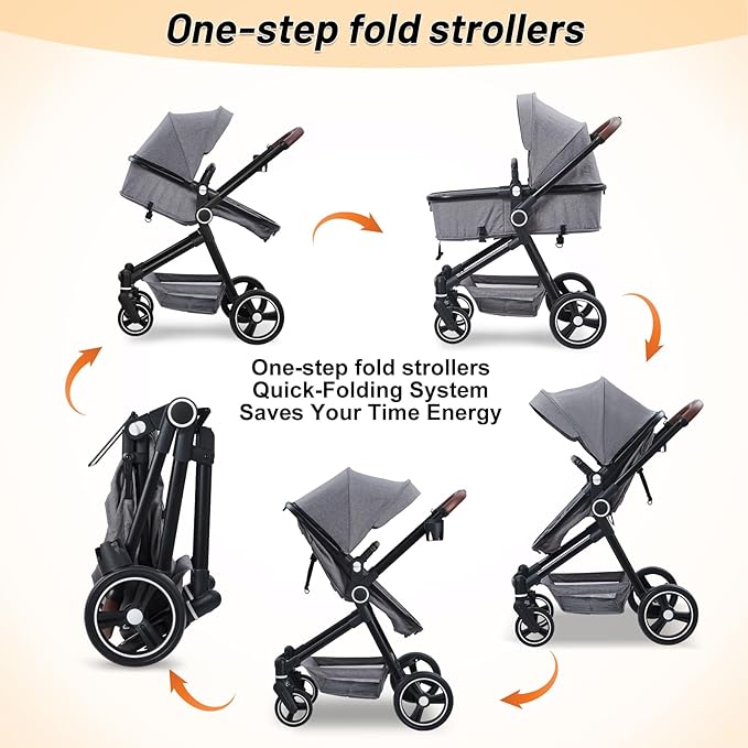 2 in 1 Baby Stroller for Toddler 0-3, Bassinet Stroller for Toddler with Large Storage Basket, Shock Absorbing，Stroller for Newborn with Removable Seat, Cup Holder，Stroller That Converts to Bassinet
