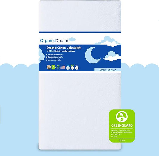 Organic Dream Crib Mattress + Toddler Bed - 100% Breathable Proven to Reduce Suffocation Risk, Hypoallergenic, GREENGUARD Certified - Lightweight 2-Stage Removable Cover - Deluxe 6" Thick - White