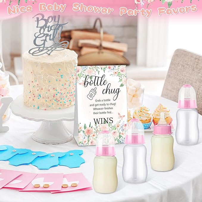 TrelaCo Bottle Chug Baby Shower Game 20 Pcs Baby Bottles Shower Favor with 1 Flowers Theme Sign for Gender Reveal Party Supplies Gifts(Pink)