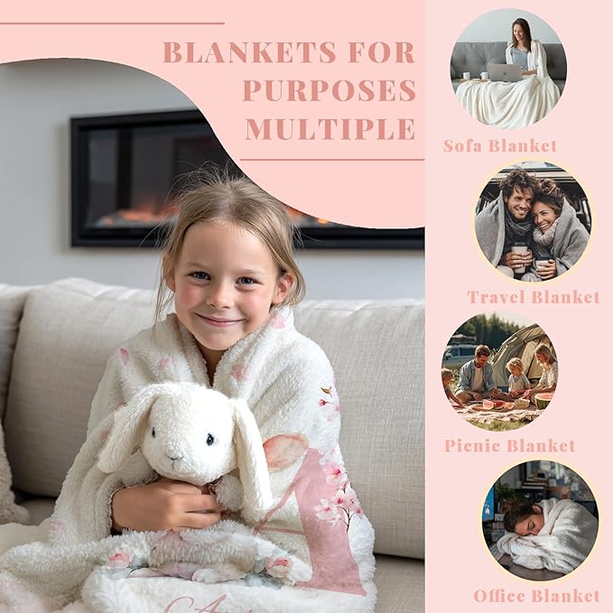 Personalized Baby Name Blanket, Custom Blankets and Throws with Name for Kids Girls Boys, Customized Toddler Blanket Gifts for Christmas Birthday Baby Shower(Name Rabbit)