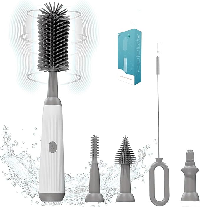 Electric Bottle Brush Set, 360°Automatic Bottle Brush Cleaner with 3 Sizes Replaceable Silicone Bottle Brush and Extension Handle for Long Bottles，Straw Cleaner Brush,IPX65& Rechargeable(Grey)