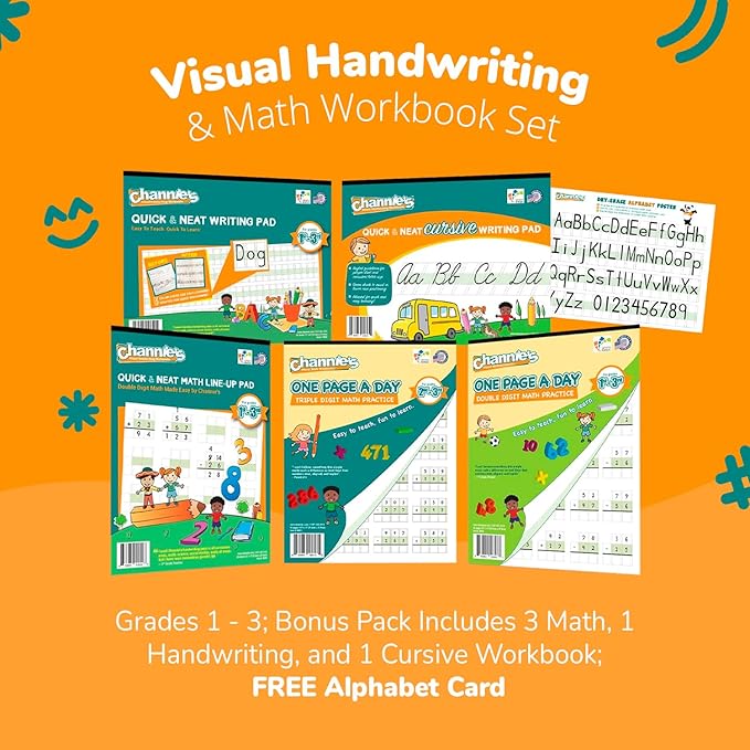 Best value Channie’s Visual Math, Handwriting, and Cursive Bonus Pack of 5 Separate Workbooks, Grades 1st – 3rd, With FREE Alphabet Card - Learning Workbook for Homeschool and After School