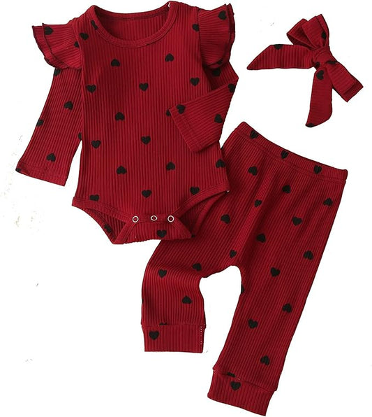 Fullfamous Baby Girl's 3pc Rib Frill Long Sleeve Romper and Pant Set