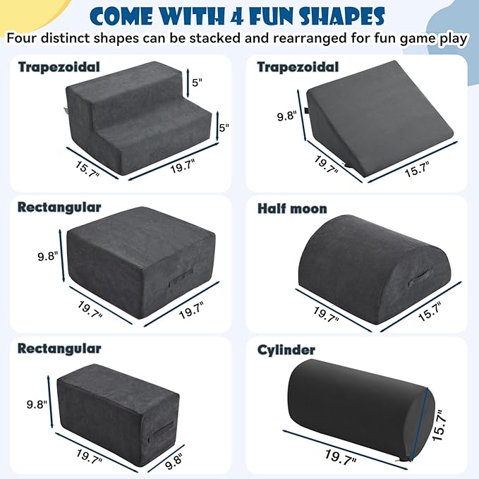 jela Kids Foam Climbing Blocks 6Pcs Soft Play Equipment Luxury Corduroy Fabric, Toddler Climbing Playset Indoor Soft Play Climbing for Toddlers, Lightweight Climbing Blocks for Babies (Darkgrey)