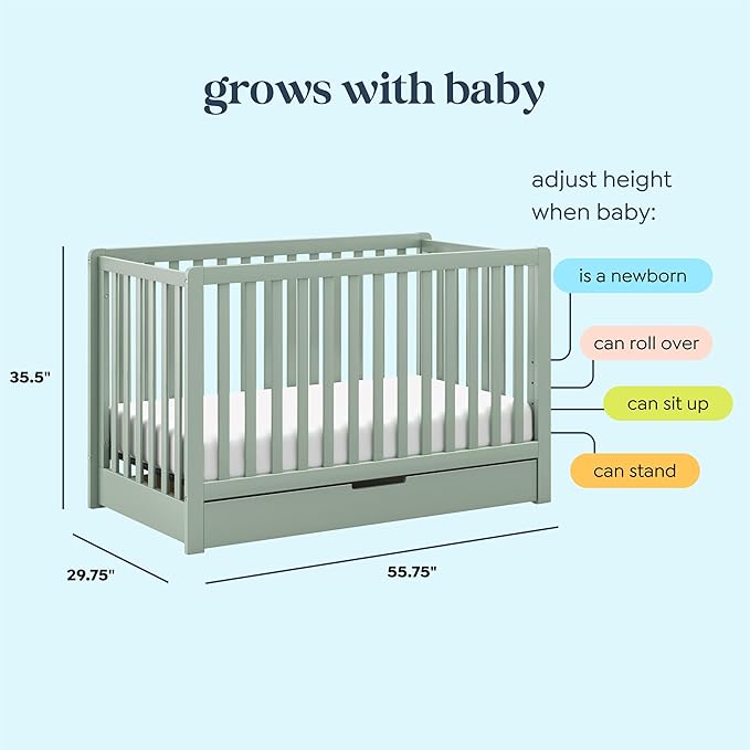 Carter's by DaVinci Colby 4-in-1 Convertible Crib with Trundle Drawer in Light Sage, Greenguard Gold Certified, Undercrib Storage