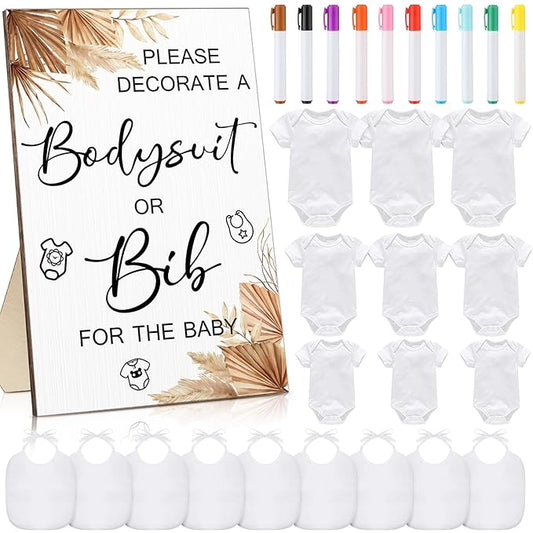 Roowest 35 Pcs Baby Shower Bibs Games Design Wooden Baby Shower Party Game Sign DIY Bodysuit Sign 15 White Blank Feeder Bibs 9 Newborn Bodysuit 10 Markers for Boys Girls(Boho)