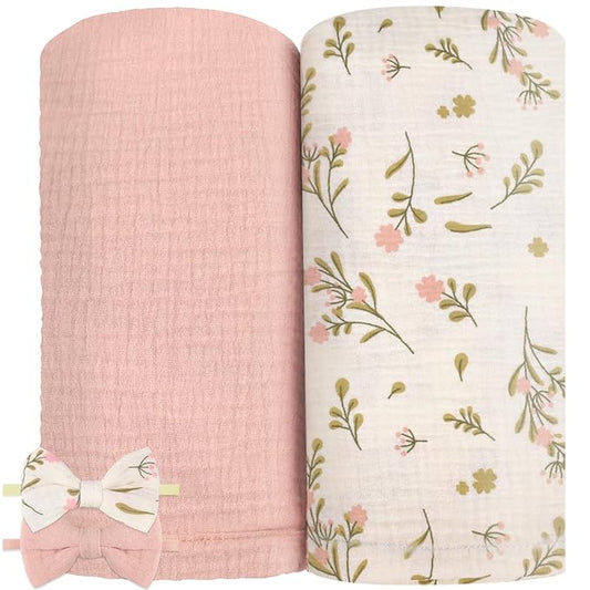 2 Pack Muslin Swaddle Blankets and Headbands for Baby Boys Girls Receiving Blanket for Newborn 47 x 47 inches Soft Breathable Swaddle Blanket Wrap